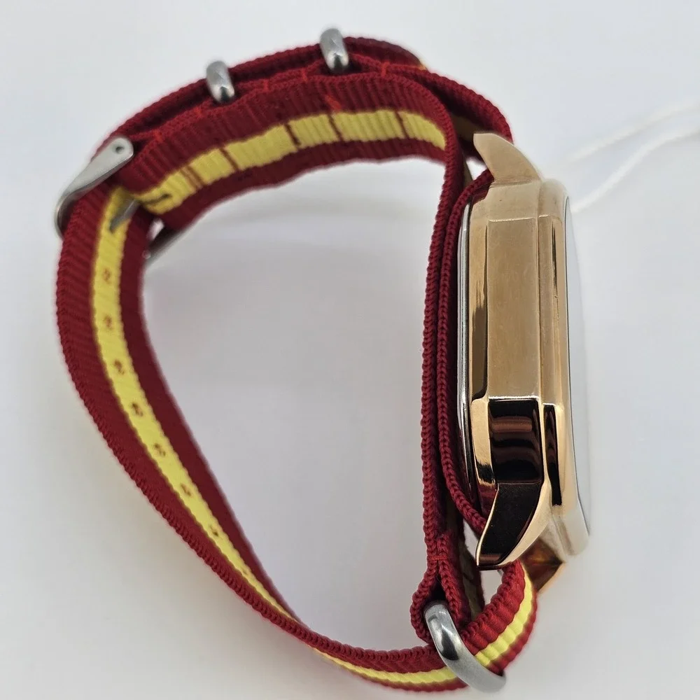 42MM Minimalist Watch Men Black Dial Gold Case‎ Date Red Yellow Canvas Strap